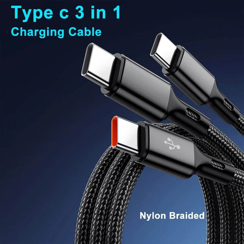 Multi-port USB C Charge Cable 3 in 1 USB-A to 3 ×Type-C Fast Charging Cable 100W 6A For Samsung Galacy S24 Xiaomi Redmi Huawei