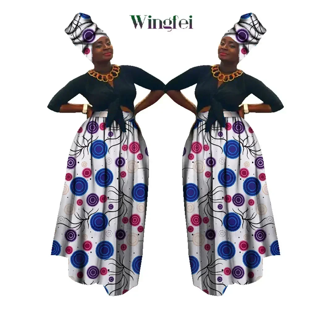 Dashiki African High Waist Ball Grown Skirt Bazin Riche African Skirt and African Headscarf 2 Pieces Lady Maxi Long Skirt WY1270