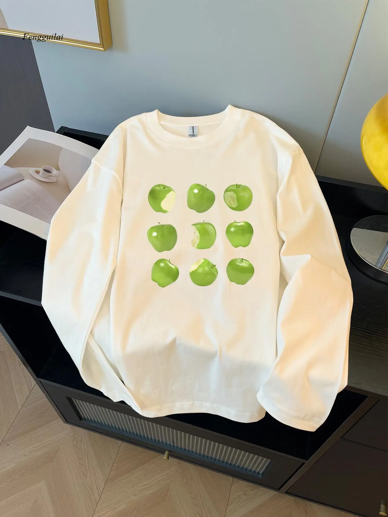 

Повседневная футболка с круглым вырезом и длинным рукавом с принтом зеленого яблока, осенне-зимняя мода, стандартный крой, стиль пуловера