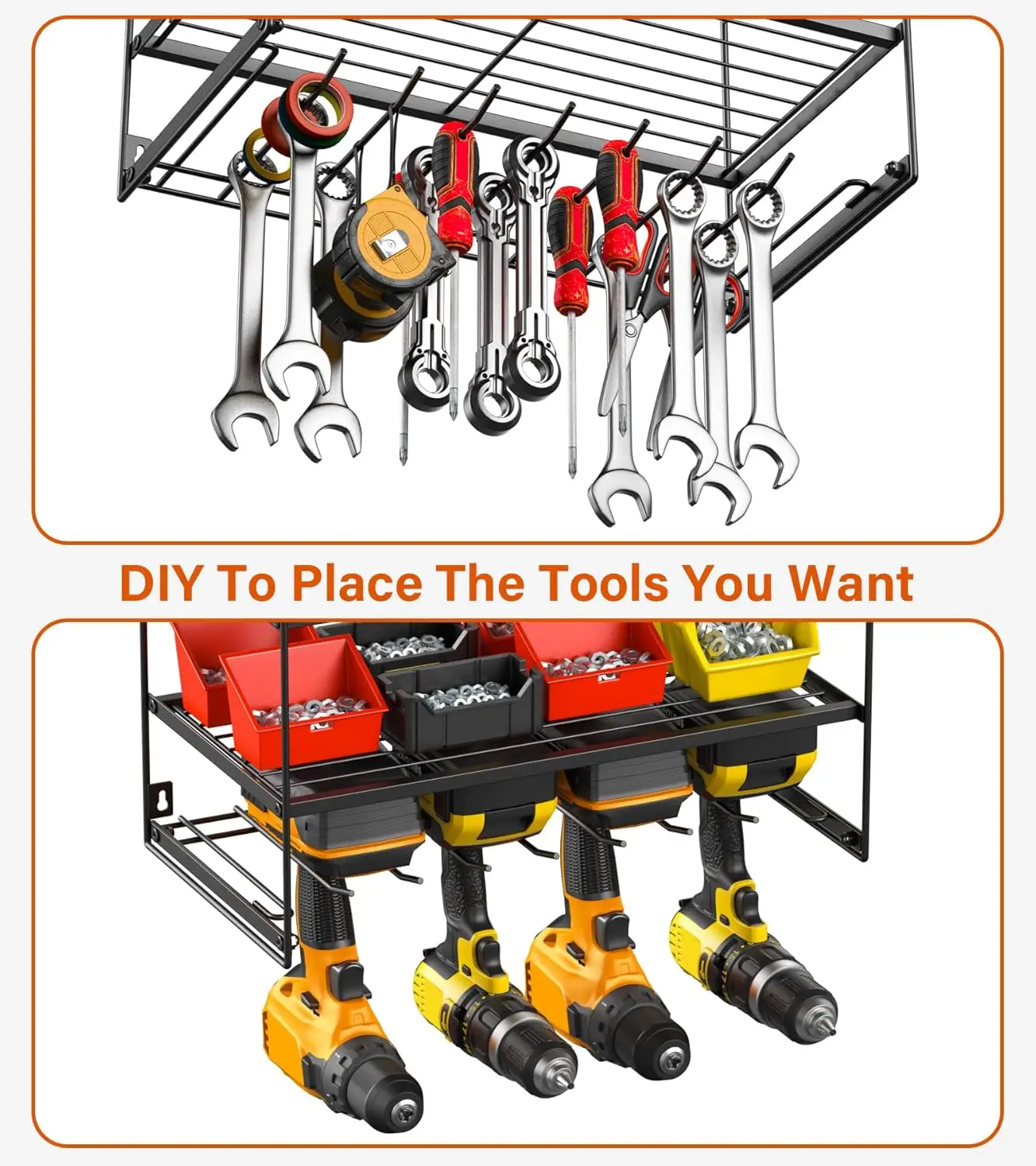 Power Tool Organizer with 10 Outlet Power Strip, 4 Layer Wall Mount Drill Holder with Charging Station