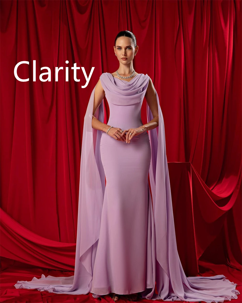 ชุดราตรีผ้าชีฟองสีม่วงสุดหรู ดีไซน์คอวี พร้อมชายกระโปรงแบบวัตโต้ ชุดงานเลี้ยงคืนสู่เหย้าสุดคลาสสิก