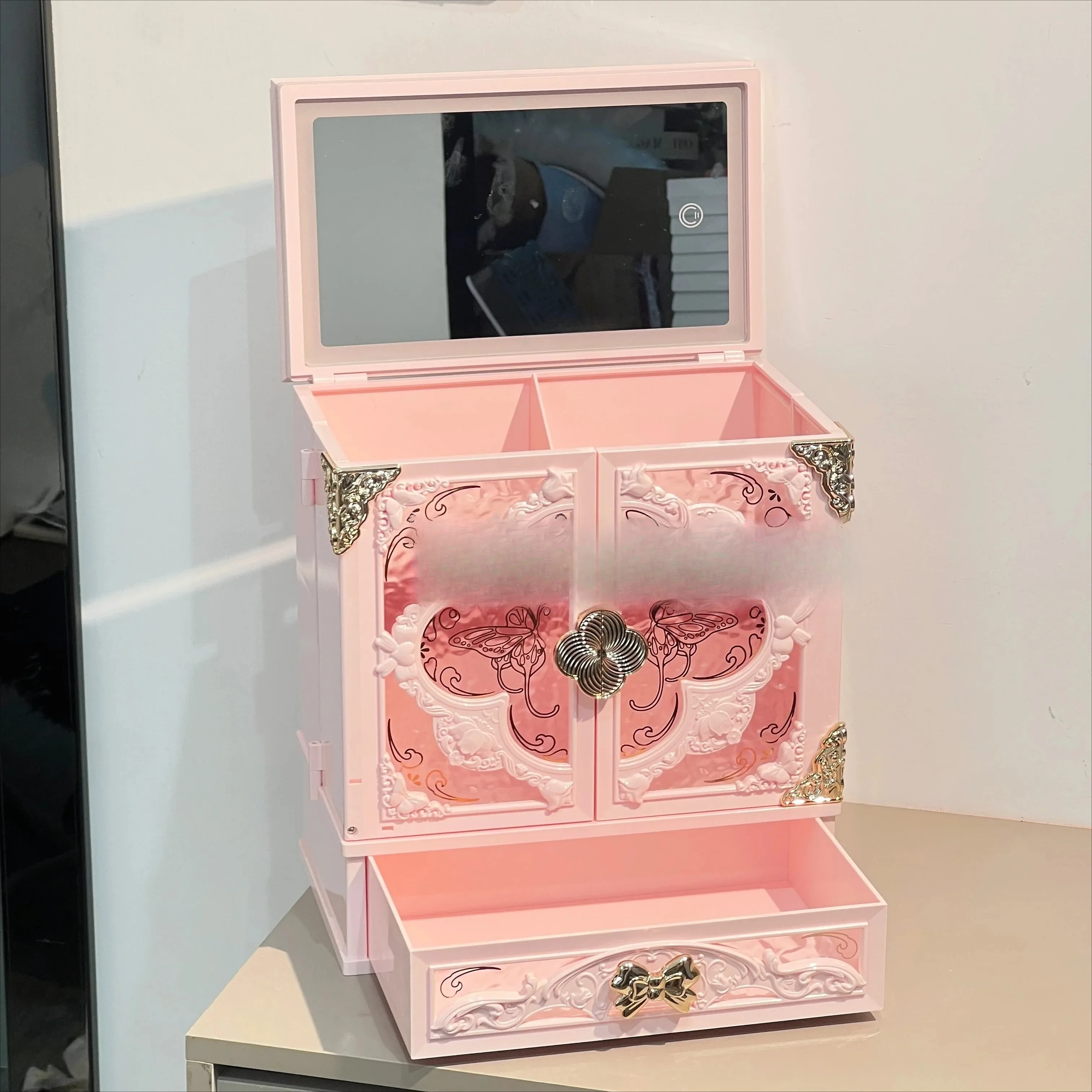 

Embossed Flower Palace Beauty Mirror Storage Cabinet Jewelry Storage Box No Makeup