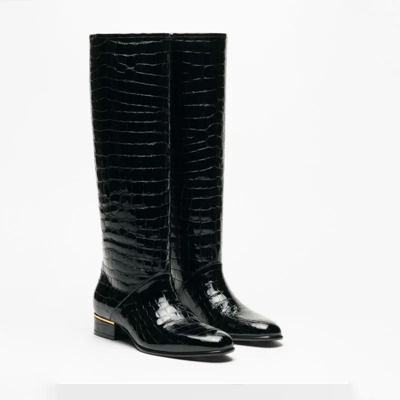 Herbst und Winter Neue Runde Zehe Niedriger Absatz Damen Kniehohe Stiefel, Modische Flache Mittelsohlen-Stiefel für Frauen