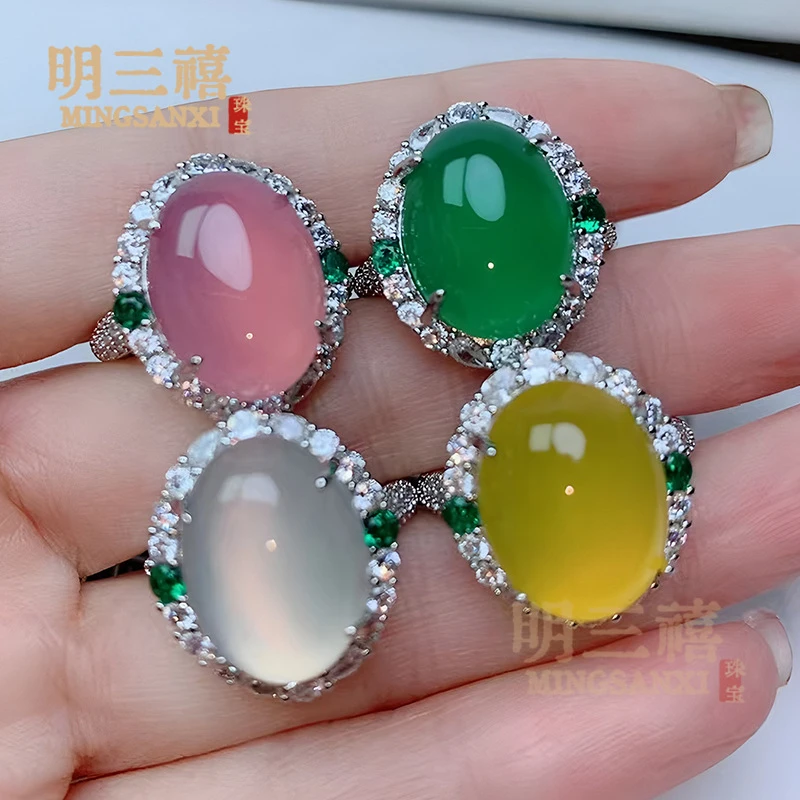 

Natural green agate chalcedony women, fashionable multi-color index finger ring with adjustable opening