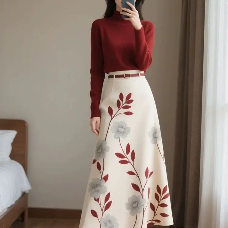 2026 spring new women's clothing fashion belly cover French print red retro skirt women commuting