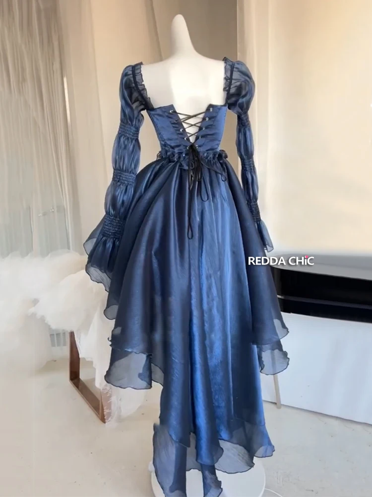 REDDACHiC Royal Blue Stain Trailing Puffy Mini Dress Women Medieval Retro Beaded Frill Trim Long Sleeves Corset Princess Dress