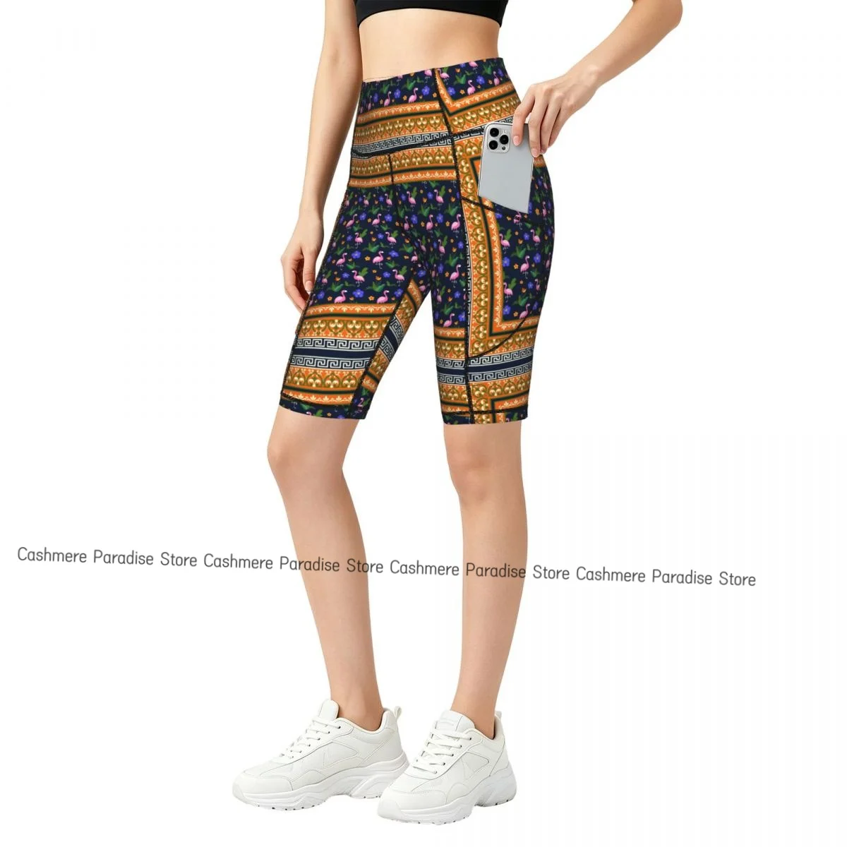 Double Pocket Sports Shorts Women Elastic Slim Luxury Flowers Shorts Gym Exercise Running High Waist Yoga Fitness Shorts