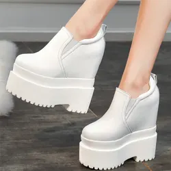 Plus Size Shoes Women Black White Genuine Leather Wedges High Heel Platform Pumps Female Round Toe Punk Sneaker Big Size Shoes