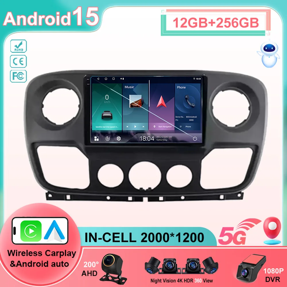 Android 15 For Nissan NV400 For Opel Movano For Renault Master III 3 2010 - 2019 Car Radio Player Wireless Carplay Android Auto