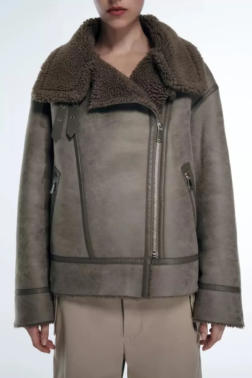 

Женская двусторонняя куртка из меха ягненка в стиле ретро ZA2025, осень-зима, новинка, свободная посадка, длинная застежка-молния