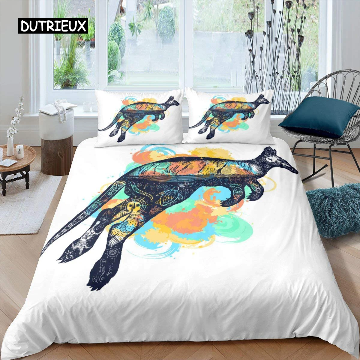 

Kangaroo Duvet Cover Polyester Boho Tortoise Fish Colourful Tie Dye Quilt Cover Paisley Animal Theme Bedding Set Queen King Size