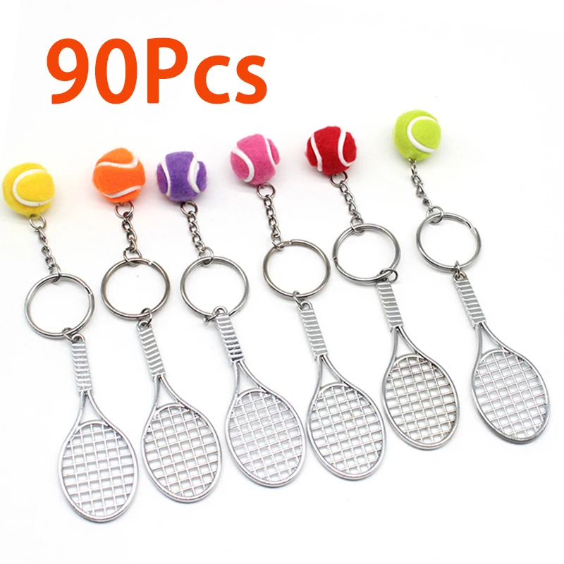 

90Pcs Sport Mini Tennis Racket Pendant Keychain Keyring Key Chain Ring Finder Holer Jewelry Accessories Gifts for Teenager Fan