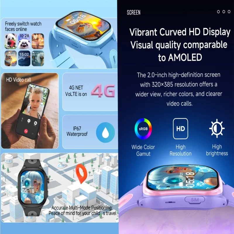 ساعة هاتف ذكي للأطفال 4G 2 + 16G GPS WIFI مكالمة فيديو APP تنزيل SOS ساعة ذكية للأطفال مراقب الموقع هدايا للأولاد والبنات