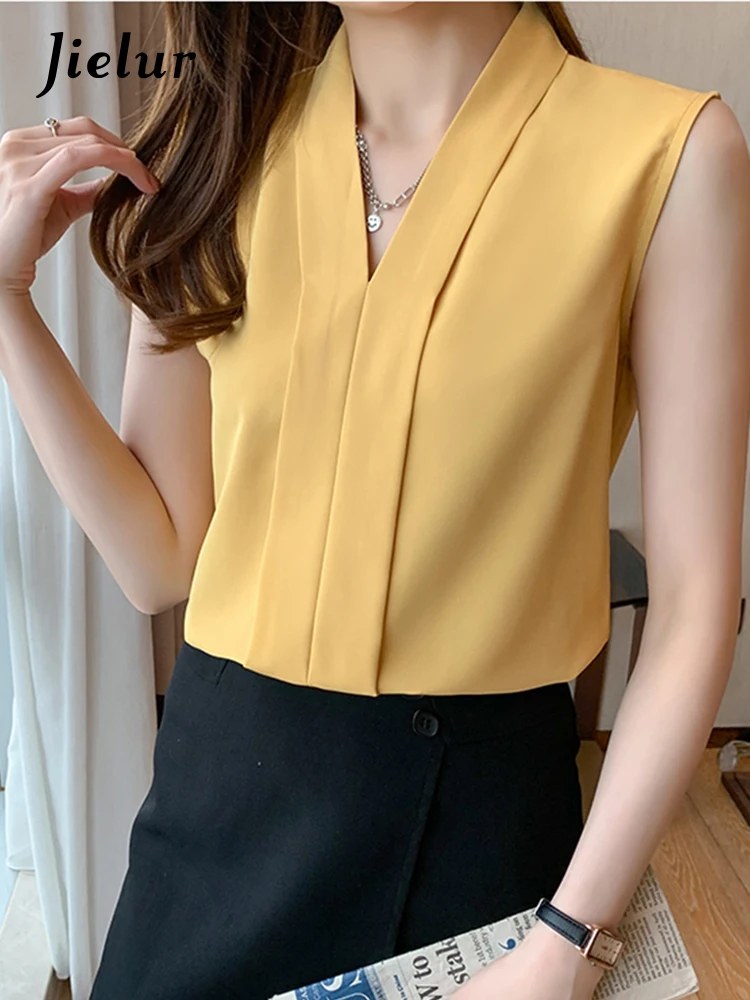 Jielur Chiffon Blouses Women Summer Sleeveless Tank Top V-Neck White Shirt Female Elegant Solid Color Office Lady Chic Blouse