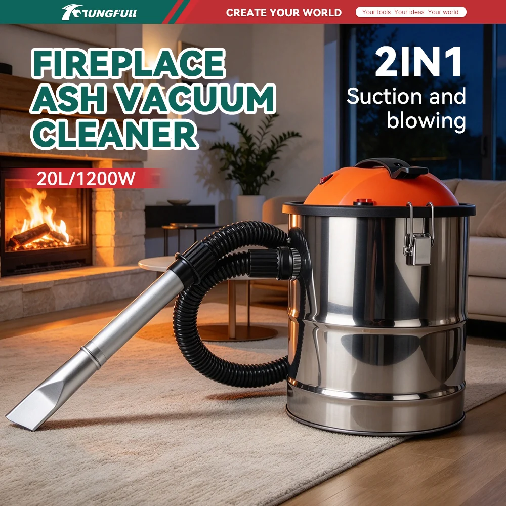 800W‑1200W Fireplace Ash Vacuum 15L/20L Bucket‑Type Ash Vac 2‑in‑1 Suction & Blower for Fire Pit Wood Stove Cleaning