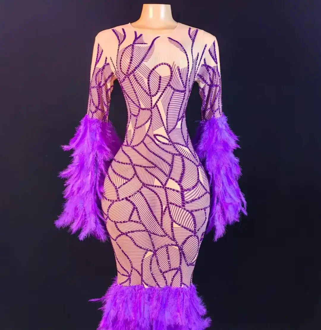 Sparkly Vrouwen Lange Jurk Met Veer Sexy Elegante Bruiloft Verjaardag Avondjurken Strass Drag Queen Outfit
