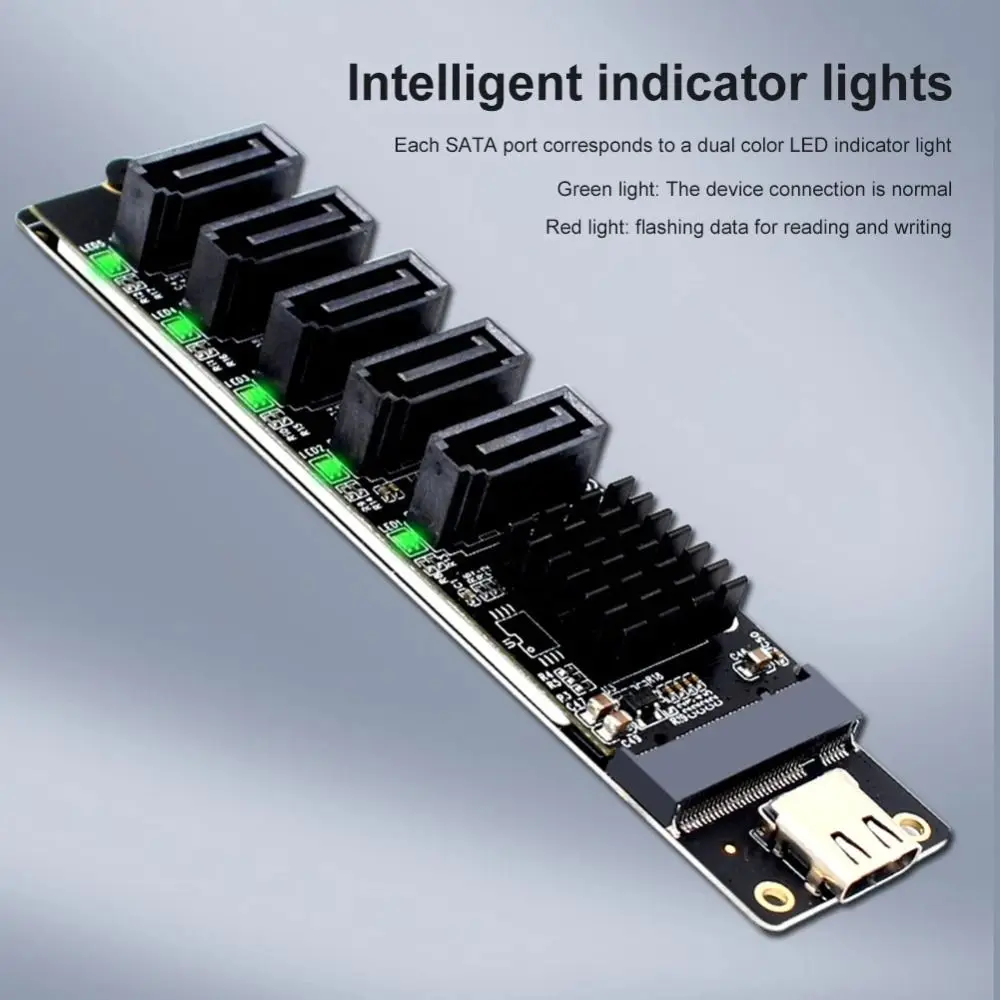 Plug and Play 6Gbps PCI-E Riser JMB575 Multi-Port Type C To SATA Adapter 5-Channel USB C To SATA Adapter NAS Expansion
