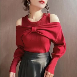 Bohémien elegante girocollo con spalle scoperte manica lunga donna primavera autunno nuovo fiocco impiombato lavorato a maglia comodi top tutto-fiammifero