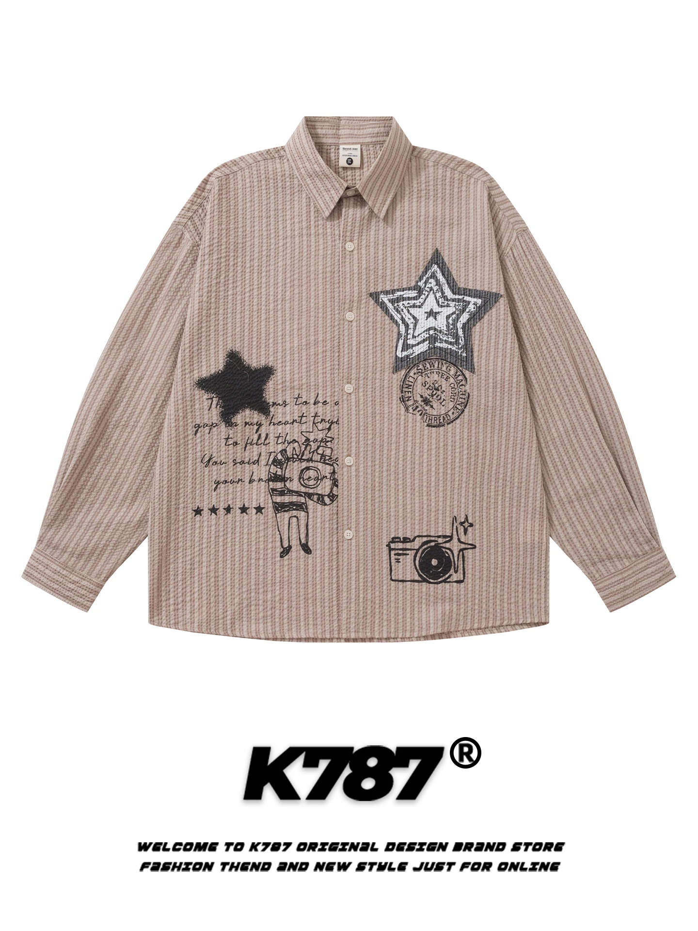 

Рубашка-куртка унисекс в американском ретро-стиле с принтом звезд, свободного кроя, повседневная, нейтральная, для пар, весенняя, из смесового хлопка и полиэстера