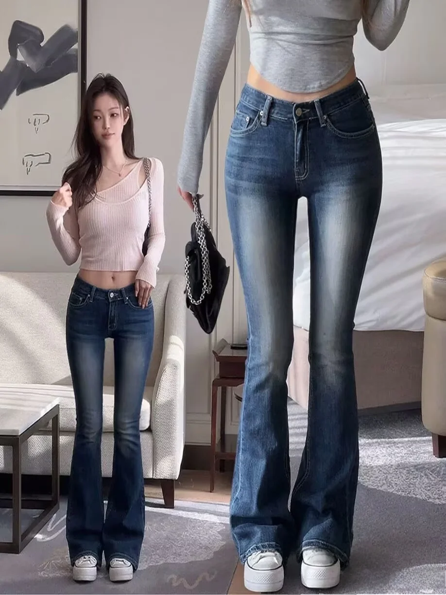 

Low Waist Bell Bot Soft Denim Retro Waed Women's Slim Fit Jeans Cotton Stretch Fabric Ladies Faion Autumn Blue