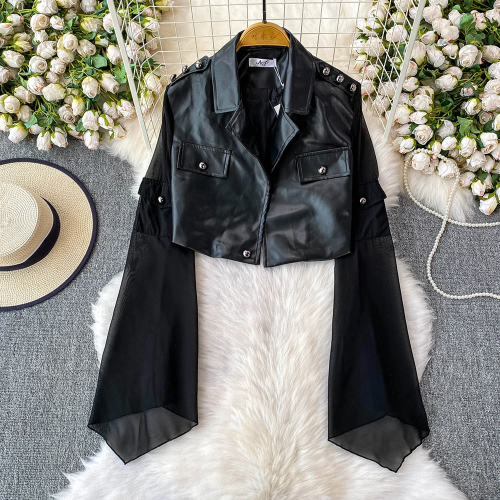 

PU Leather Jacket Women's Fashion Patchwork Flare Sleeve 2025 Autumn Blazer Collar Short Coat Cool Highstreet Style Female Tops