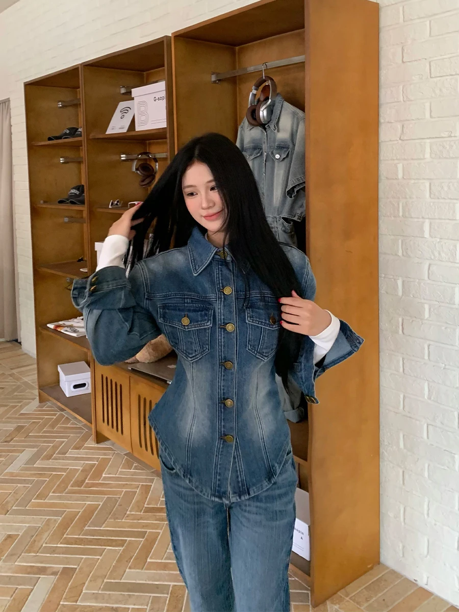 

Retro Blue Denim Jaet Women's Autumn Waist Cinched oulders Top Vintage Sle Long Sve Button Closure Color