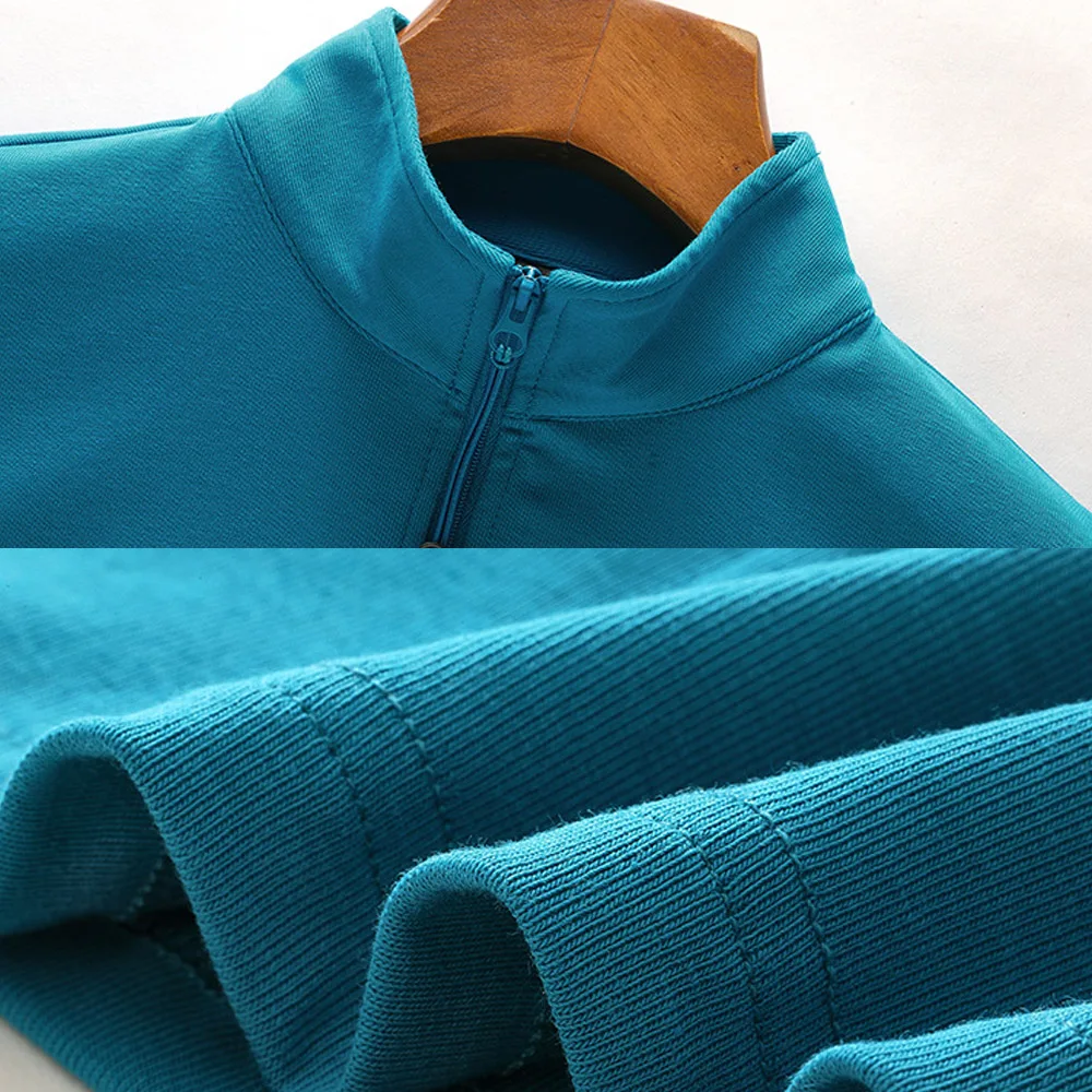 تي شيرت أزرق بأكمام طويلة على الطراز الكوري للنساء لخريف جديد من القطن الراقية بالإضافة إلى سحاب علوي غير رسمي برقبة عالية #5