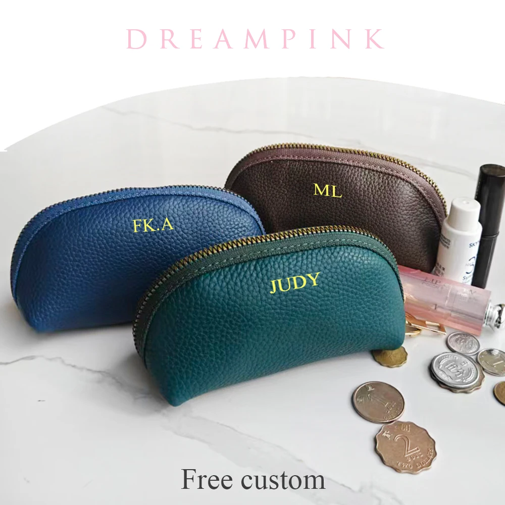 Small Genuine Leather Keychain Coin Purse Custom Name Zip Cowhide Mini Card Wallet Women Gift Lipstick Cosmetic Bag