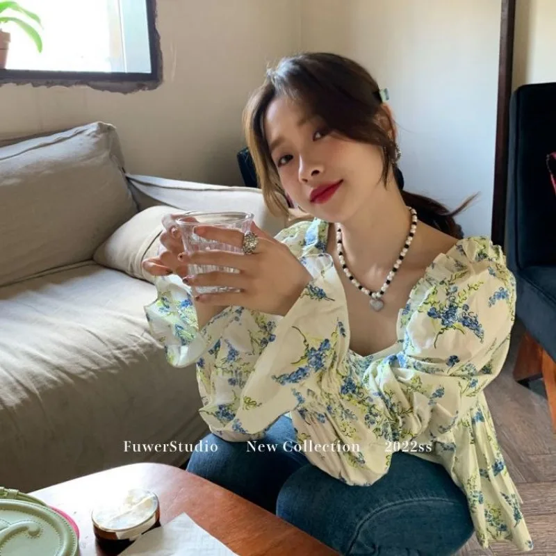 

Female Spring Summer Fashion Printing Solid Color O-neck Women Clothes Preppy Style RufflesCotton Corset Long Sleeve Top Tee