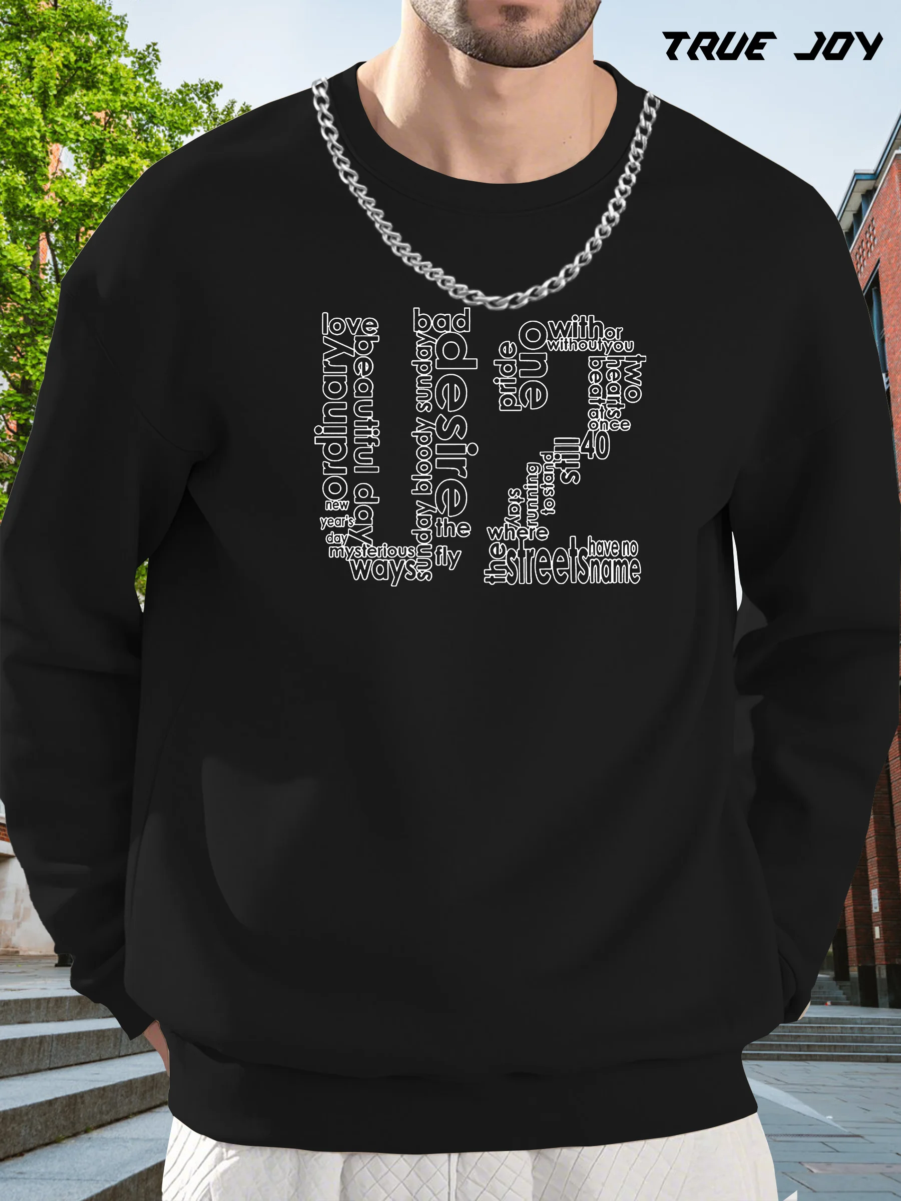 

Men's Brown Sweater with Print Pattern - Loose Fit Long Sleeve Pullover, Machine Washable Casual Sweater for Music Lovers