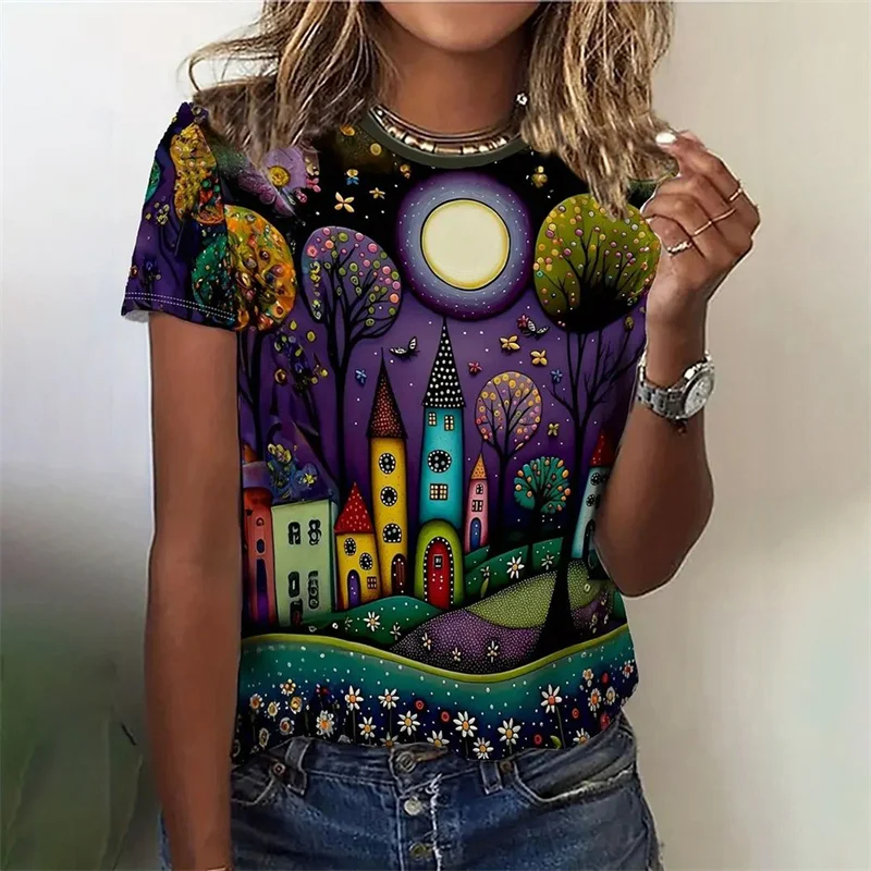 

3D Printed Vintage Tree T-Shirt For Women Cartoon Building Graphic Short Sleeves Casual Loose Oversized T Shirts Round Neck Tees