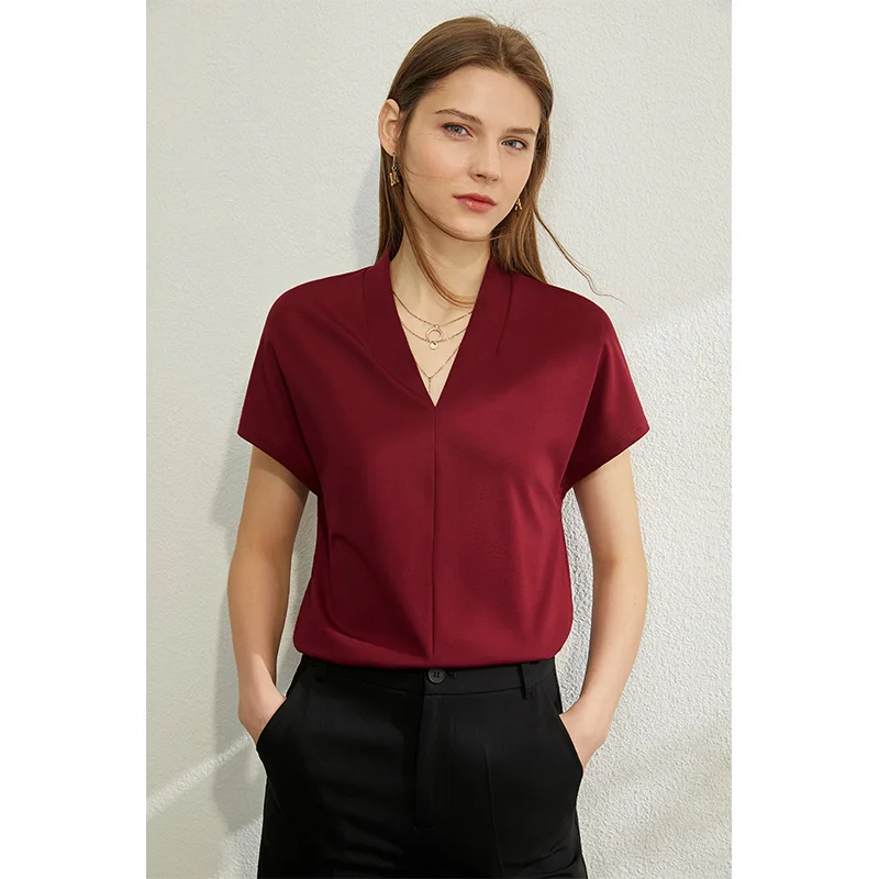 AMII Minimalismus 2026 Sommer Damen T-Shirt Klassischer Stil Lässiger V-Ausschnitt Kurzarm Einfarbig Dehnbar Damen Oberteile & T-Shirts 12612011