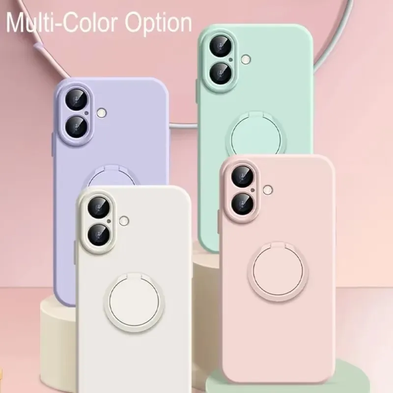 Luxury Original Liquid Silicone Ring Holder Case For iPhone 16 15 14 Plus 13 12 Mini 11 Pro X XR XS Max With Strap Soft Cover