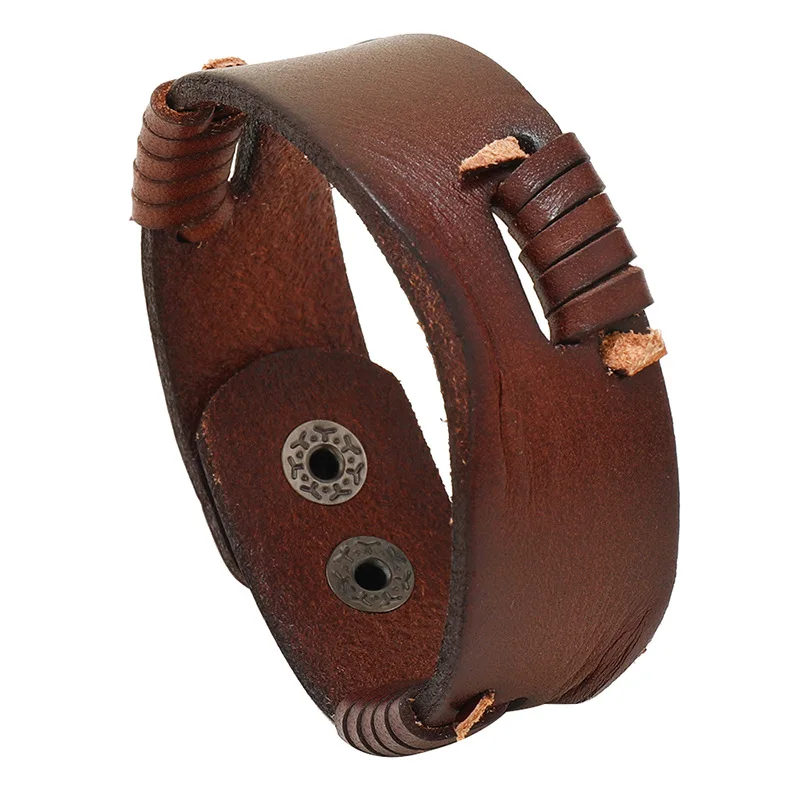 Jessingshow Punk Style Wide Cowhide Bracelet for Men Women Genuine Leather Bracelets & Bangles Black and Brown Color Wristband