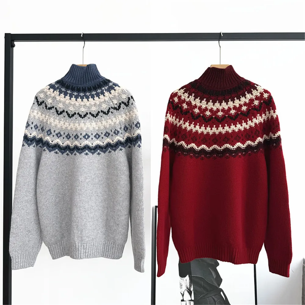 25 Autumn/Winter New Women's Retro High Collar Jacquard Contrast Loose Thick Knitted Pullover