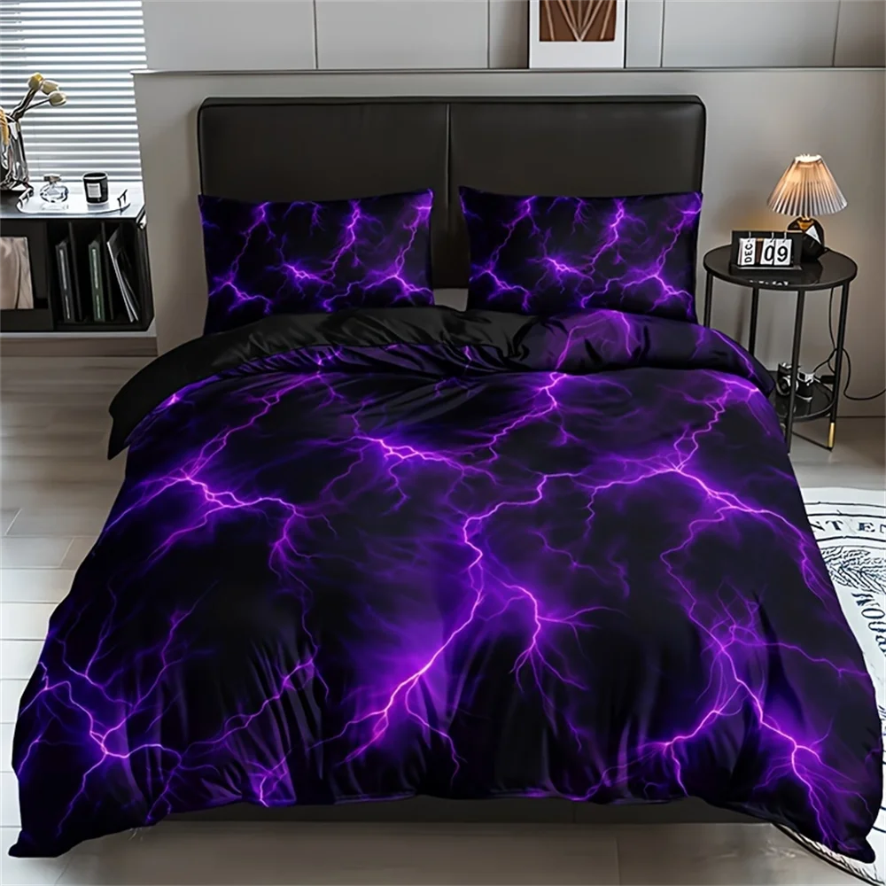 

3-Piece Vibrant Purple Lightning Line Duvet Cover Set - Soft, Breathable Bedding for Home or Dorm - HD Printing, 1 Duvet Cover