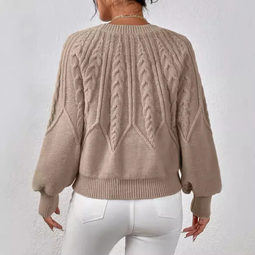 Herfst-wintersweater 2025, elegante damessweater met effen textuur, lange lantaarnmouwen en ronde hals, basics