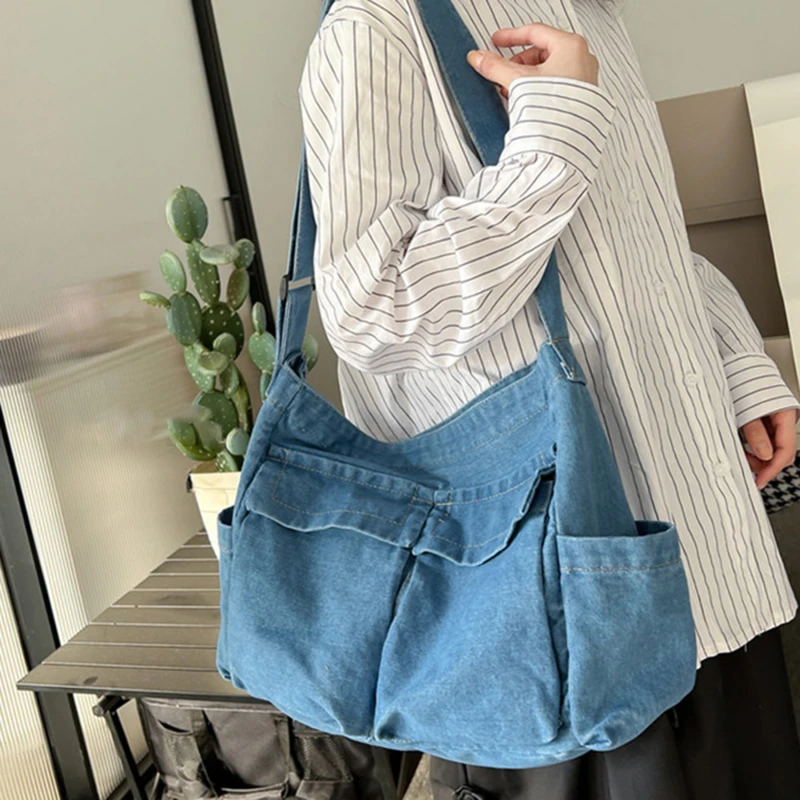 Denim Crossbody Bags for Women Japanese Style Unisex Casual Pocket Books School Bag for Students Shoulder Bags Large Jeans Bag