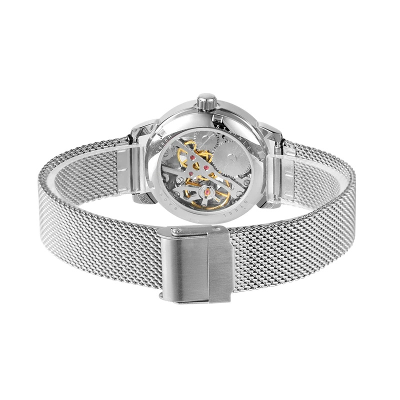 Visually Appealing Women's Mechanical Watch - Stainless Steel Mesh Band, Transparent Roman Numeral Dial and Visible Mechanical Movement, Perfect Gift for Her, No Batteries Required