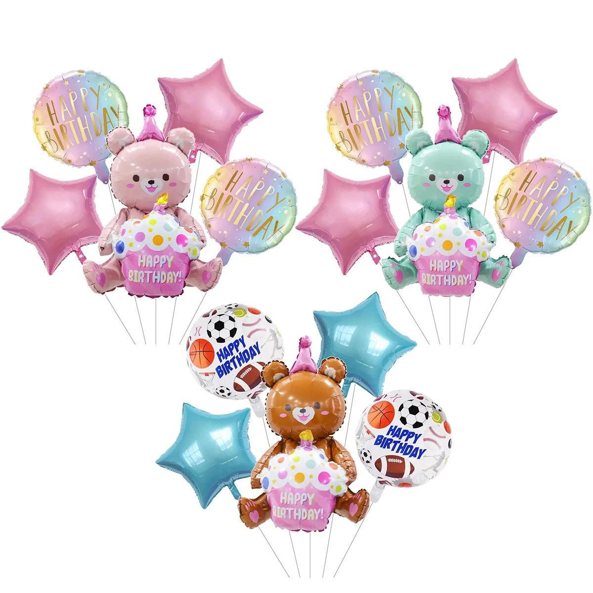 5 PCS Happy Birthday Balloon Set With Stars, Cake Bears Party Decoration And Gender Display