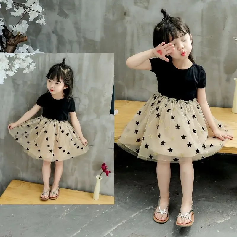 Girls' Dress 2025 Summer New Short-sleeved Cartoon Round Neck and Five-pointed Star Pattern Children's Sweet Gauze Dress