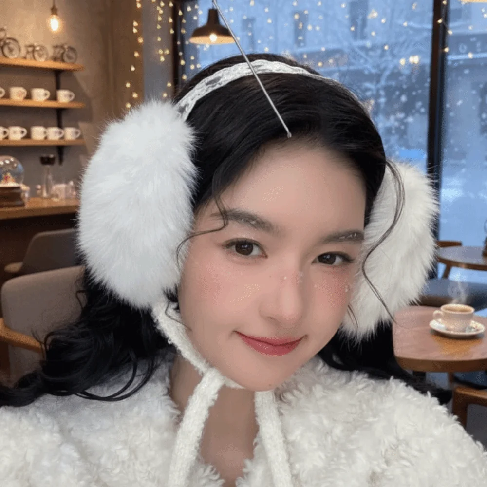 

Утолщенные плюшевые наушники с кружевом и бантом, модные ветрозащитные зимние наушники с защитой от холода, женские кавайные наушники в японском стиле, повязка для защиты ушей