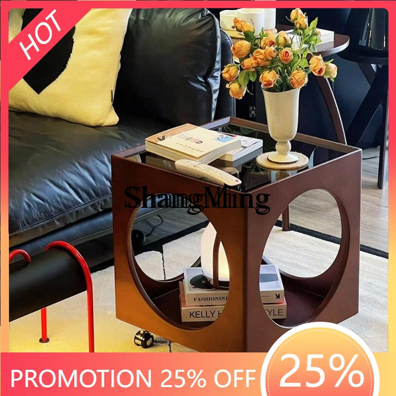 

FG medieval style living room movable tea side sofa cart bedside table solid wood rattan small table rack