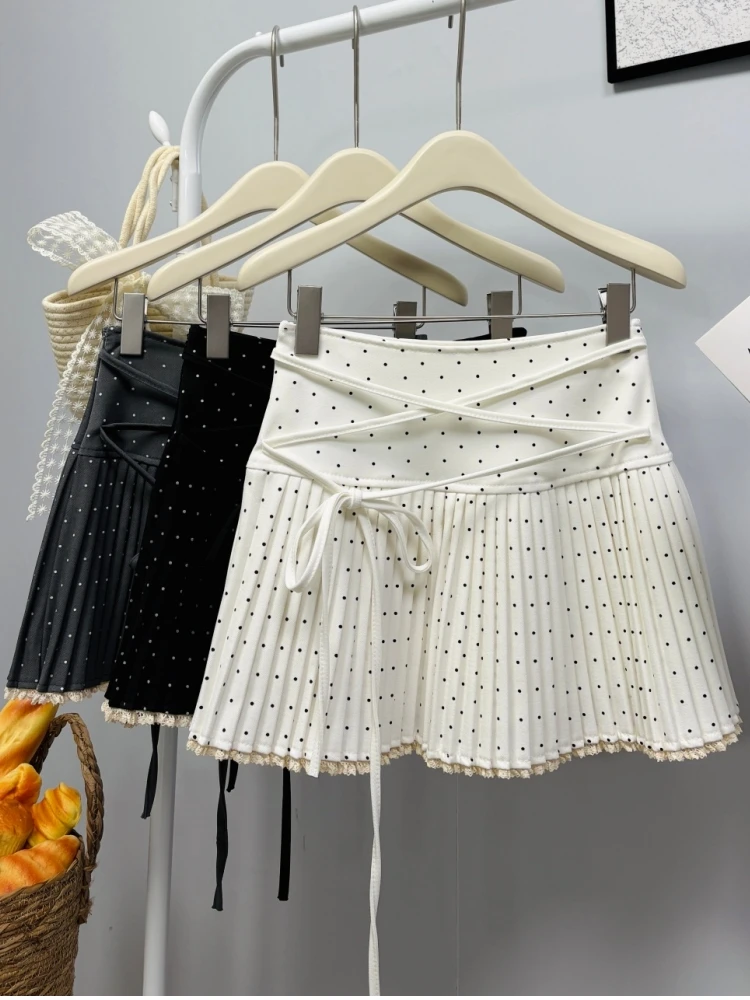 Qiukichonson Gothic Lolita Pleated Skirt Women 2026 Spring Summer Crochet High Waist Lace-up Short Dot Skirts Mini tutu femme