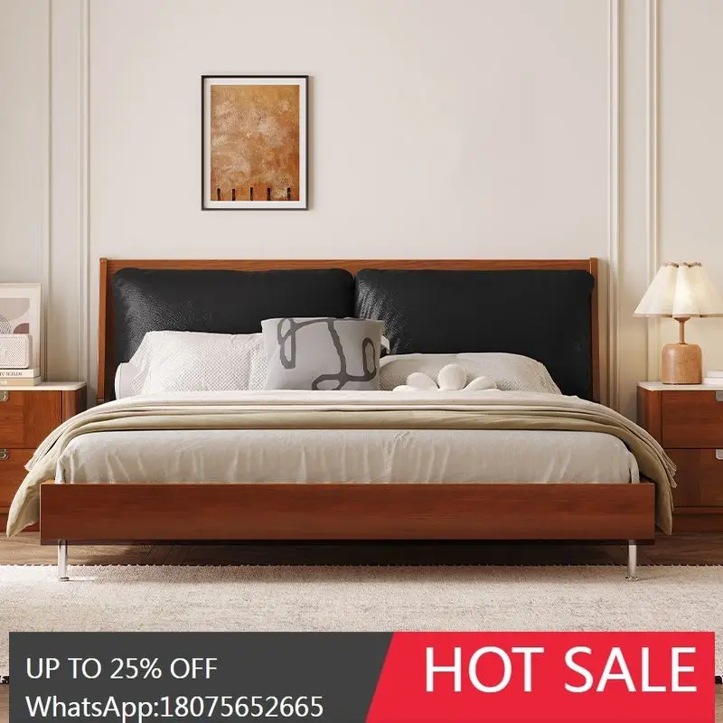 

HLZ Vintage Style Black Genuine Leather Bedroom Double Bed French Retro Solid Wood Upholstered Bed