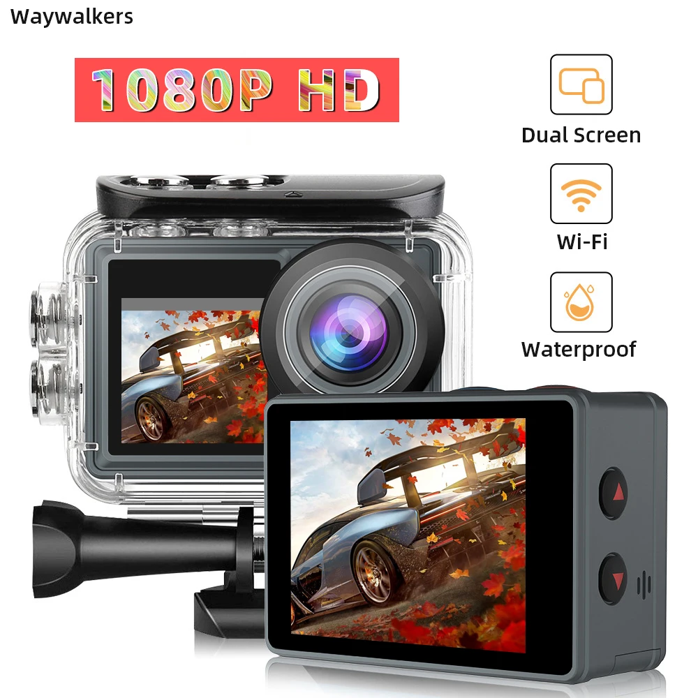 Waywalkers Action Camera 1080P WiFi  Dual Screen 140° Wide Angle 30m Waterproof Sport Camera with Remote Control