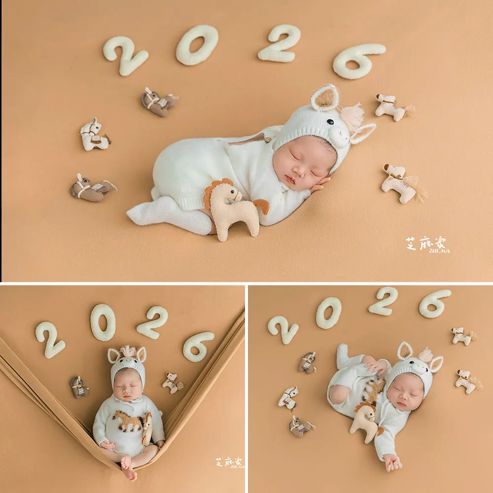 

Костюм для новорожденных от 0 до 1 месяца, реквизит для фотосессии, детская одежда в стиле мультяшного коня с соответствующей игрушкой-лошадкой для позирования малыша
