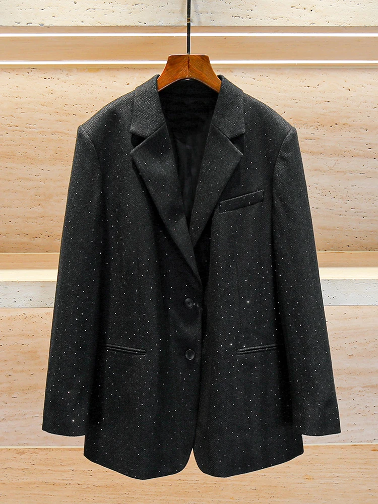 S Home South Oil High End Women's Autumn Winter Hepburn Sle Suiting Woolen Coat with Diamond Heat Treaent Stripes