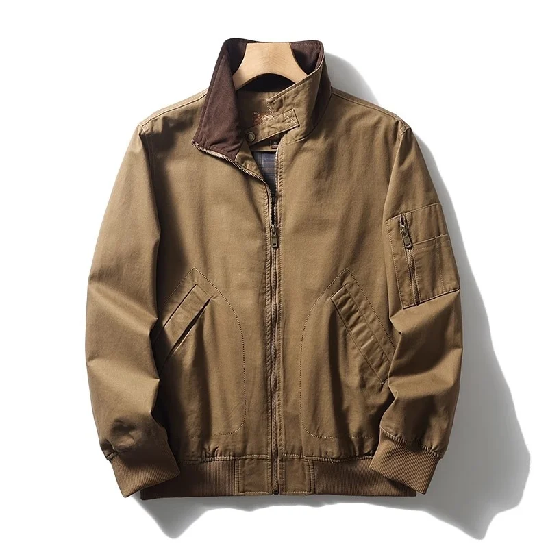 

American Sle Hard Man Pure Cotton Khaki Flng Jaet for Men Faionable Stand Collar Zipper Closure Spring Autumn Outerwear