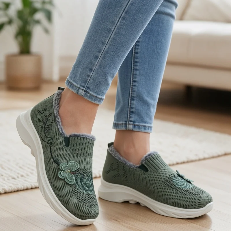 Women's Cotton Boots, Fleece-Lined Warm Knit Shoes, Women's Height-Increasing Shoes, Casual Walking Cotton Boots